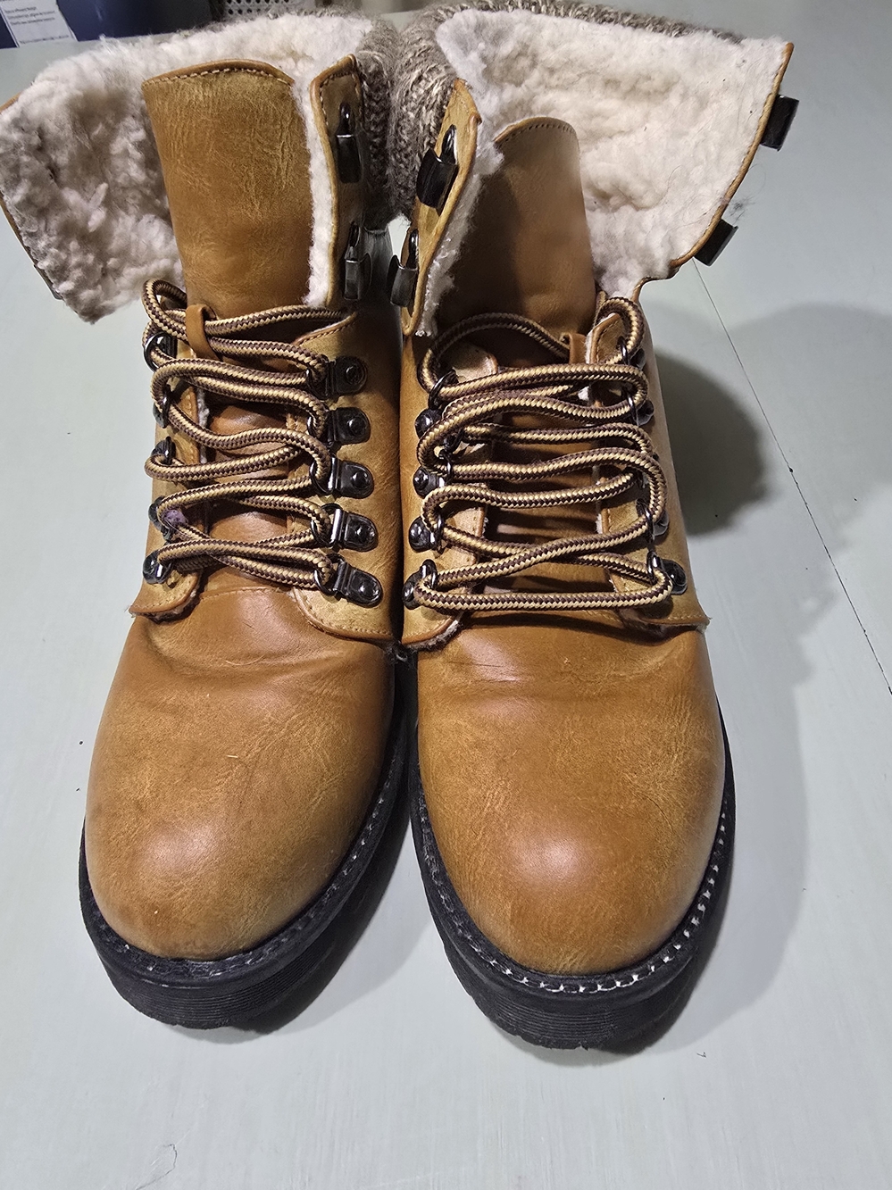 MIA Womens Size 8 Tan Cognac Hiking Boots Faux Fur Knit Cuff Lug Sole Combat